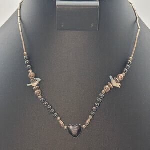 Vintage Liquid Silver Hematite Carved Bird Heart Beaded 17" Necklace